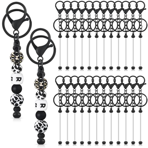 Tondiamo 24 Pcs Beadable Keychain Bars Bulk Beads for Keychain Making Kit Gifts for Women Men DIY Crafts(Black)