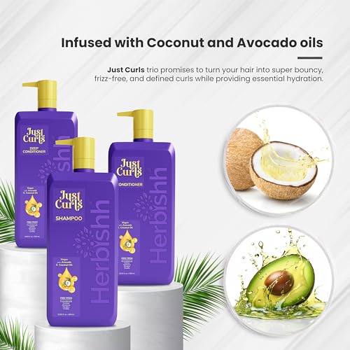 Herbishh Just Curls Vegan Shampoo and Conditioner + Deep Conditioner for Curly Hair Products Kit Enriched with Avocado & Coconut Oil for Dry Damaged, Wavy, Curly Hair Gift set for Women & Men