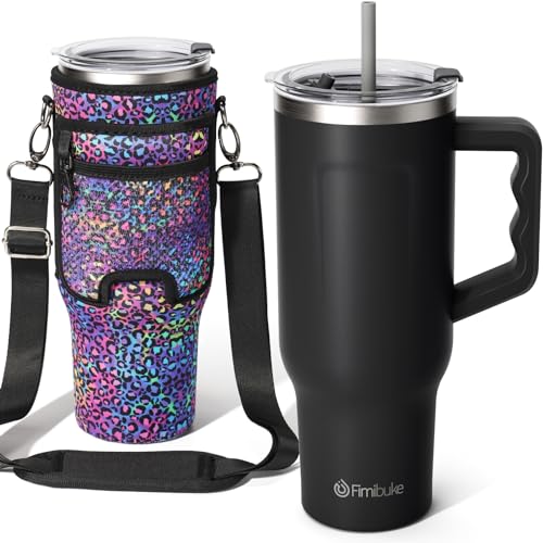 Fimibuke 40 oz Tumbler with Handle & Carrier Bag, Stainless Steel Insulated Cup with Lid & Straw & Purse Pouch Phone Pocket, Gym Water Bottle Cupholder Friendly Women Men Travel Mug with Sleeve Holder