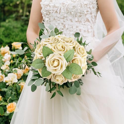 AmyHomie Artificial Flower Ivory Rose 25pcs Real Looking Fake Roses w/Stem for DIY Wedding Bouquets Centerpieces Arrangements Party Baby Shower Home Decorations