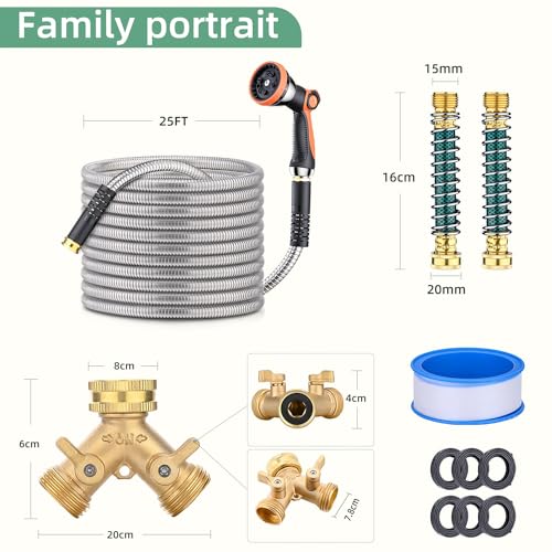 Metal Garden Hose 25ft, Yumatum 304 Stainless Steel Water Hose With 2 Hose Extension Adapter, 2-Ways Hose Splitter and 10-Function Nozzle, 3/4'' Fittings, No Tangle & Kink for Outdoor