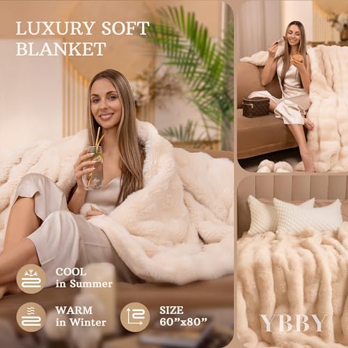 Beige Throw Blanket for Bed, Couch, Living Room - 50 X 60 in Faux Fur Blanket - Big Fluffy Throw Blanket - Luxury Boho Blanket - Ultra-Soft and Comfortable Bed Blanket - Elegant and Aesthetic Blanket