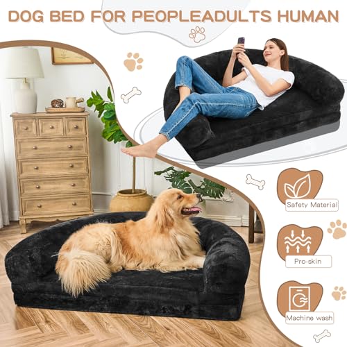 Human Dog Bed for Adult People, Large Gaint Shared Bed Foldable Adjustable Flufelbed Standard Cloud Bed with Memory Foam,Fluffy Faux Fur Orthopedic Nap Dog Bean Bag Sleeping Bed with Black Blanket