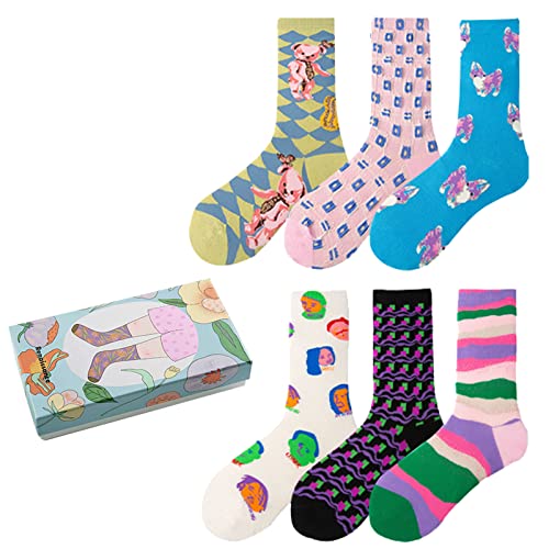 6Pairs Novelty Crew Socks Fun Dress Colorful Cute Funny Novelty Casual Cotton Crew Socks Cute Thin Dress Socks Pop Culture, Fit women Shoe Size: 6-10
