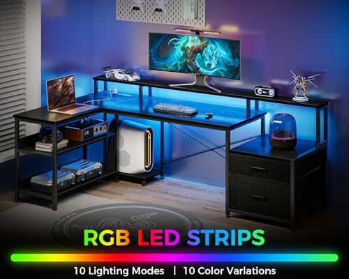 ODK L Shaped Desk with File Drawer, 66" Reversible L Shaped Computer Desk with Power Outlet & LED Strip, Home Office Desk with Storage Shelves, Gaming Desk with Monitor Shelf, Corner Desk, Black