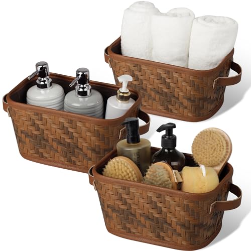 GRANNY SAYS Wicker Storage Baskets, Wicker baskets for Organizing, Plastic Storage Bins with Handles, Woven Baskets for Home Organization, 3 Pack Pantry Baskets for Shelves, Deep Brown