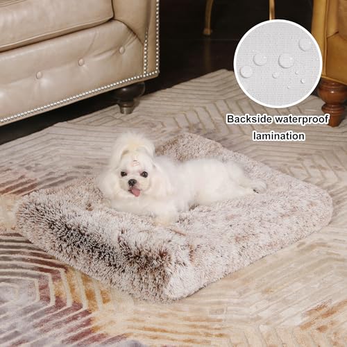 Bedfolks Waterproof Dog Crate Bed,Plush Dog Crate Pad with Removable Cover,Faux Fur Dog Bed for Extra Large Dogs,Fluffy Washable Dog Kennel Bed 41"x27",Solid Light Grey