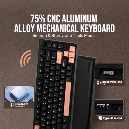 EPOMAKER P75 Wireless Aluminum Mechanical Keyboard, Bluetooth 5.0/2.4GHz/USB-C Hot Swappable Custom Keyboard, Gasket Structure Creamy Keyboard for PC/Tablet/PS/Xbox (Black, Wisteria Tactile Switch)