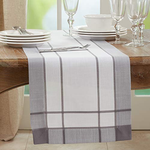 SARO LIFESTYLE Ivoryline Collection Banded Border Table Runner, 16" x 120", Grey