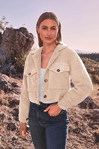 PRETTYGARDEN Womens Fall Clothes Sherpa Shacket Jacket Fuzzy Lapel Button Down Cropped Coat Winter Outerwear (Beige,Small)