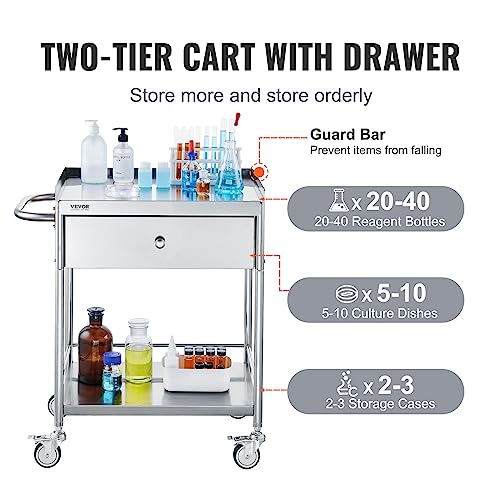 VEVOR Medical Cart, 2 Layers Stainless Steel Cart 220 lbs Weight Capacity, Lab Utility Cart with 360° Silent Wheels and a Drawer for Lab, Clinic, Kitchen, Salon, Silver