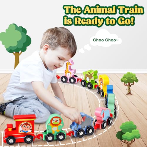 EDUJOY Toddler Toys for 2-3 Year Old Boy, Wooden Animal Train Set, Montessori Toys for 2 3 Year Old Boy Christmas Birthday Gifts, Learning Toys for Toddlers 2-4 Years Girl Toys Age 2 3