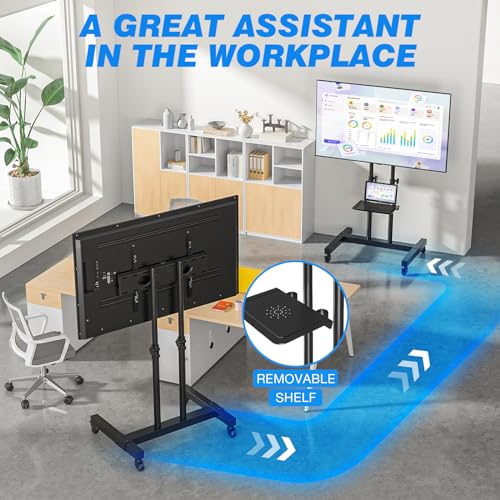 Mobile TV Cart for 32-80 Inch Screens up to 110 lbs, Height Adjustable Rolling TV Stand with Locking Wheels and Metal Shelf, Portable Outdoor Floor TV Stand Movable Monitor Holder for Home Office