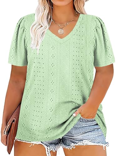 Plus Size Womens Tops Summer V Neck Short Sleeve Shirts Mint Green XL