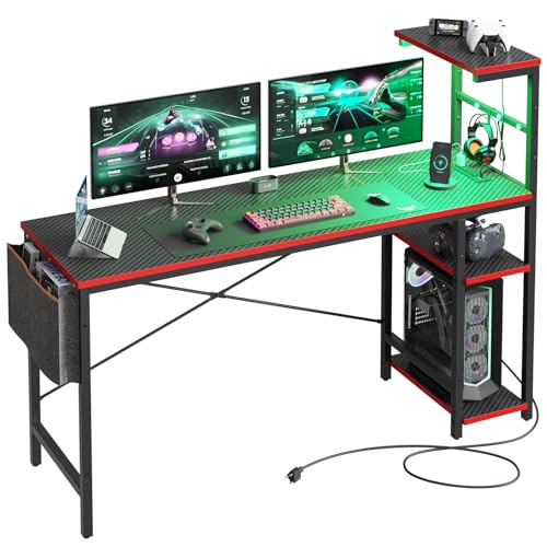 Bestier 61 Inch Gaming Desk with LED Lights, Reversible Shelves, Height Adjustable Shelf, Steel Frame, CARB P2 Class Board, Black Grained