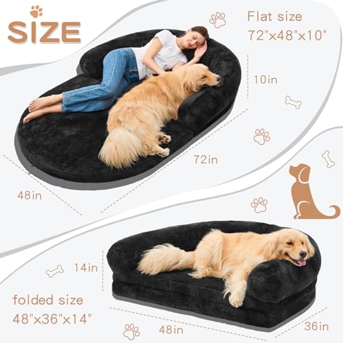 Human Dog Bed for Adult People, Large Gaint Shared Bed Foldable Adjustable Flufelbed Standard Cloud Bed with Memory Foam,Fluffy Faux Fur Orthopedic Nap Dog Bean Bag Sleeping Bed with Black Blanket