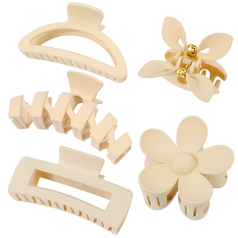 Ahoney 5 Pack Large Hair Clips for Thick Hair - Neutral Matte Claw Clips 3.4-4.3 Inch, Strong Hold Non Slip Banana Flower Clamps for Women