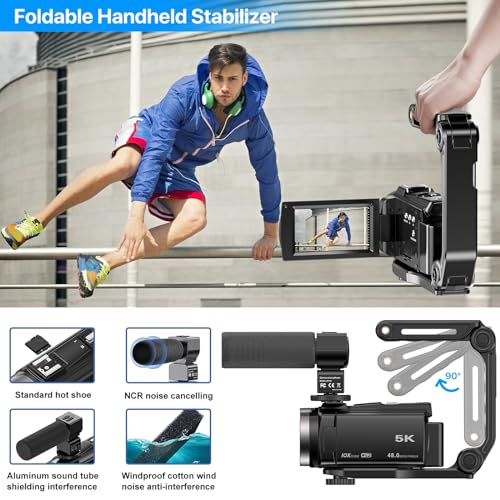 FJFJOPK 5K Video Camera Camcorder, 10X Optical Zoom 48MP UHD 30FPS Vlogging Camera for YouTube, Photography Recorder Camera with 270° 3" Rotation Screen, Microphone, Stabilizer, Remote Control