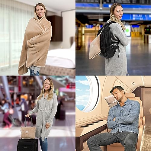 BlueHills Travel Blanket Pillow Premium Soft Plush for Airplane Travel Size Blanket Throw Long Flight Essentials in Compact Bag Plane Portable Lightweight Purple T021