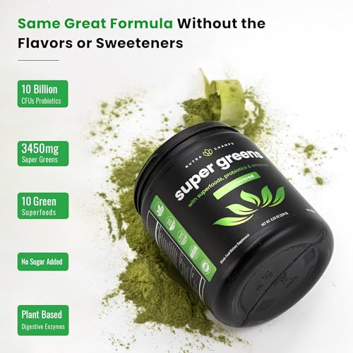 NutraChamps Super Greens Powder Premium Superfood | 20+ Organic Green Veggie Whole Foods | Alfalfa, Spirulina, Chlorella & More | Antioxidant, Digestive Enzyme & Probiotic Blends | Unflavored