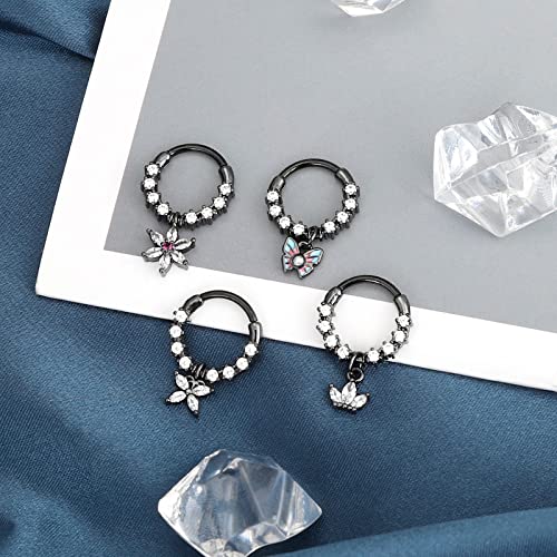 Qmcandy 4pcs Stainless Steel 16G Septum Clicker Hinged Segment Ring with Dangle Butterfly Star Crown, Black 3/8"