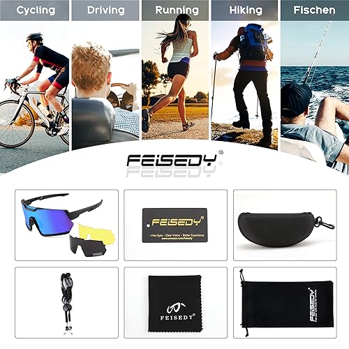 FEISEDY Men Women Cycling Sunglasses, with 3 Interchangeable Lenses, TR90 Sports Glasses Baseball for Youth Teens B4138