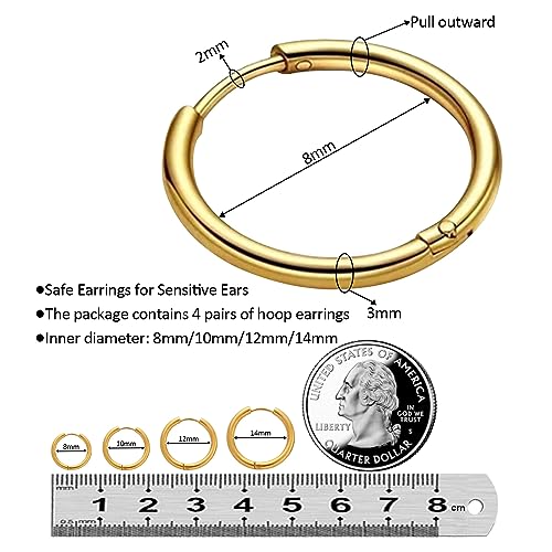 TOLOWOBK Small Gold Hoop Earrings Set for Women 14K Gold Plated Huggie Hoop Earrings 4 Pairs Mens Hypoallergenic Earrings 8mm to 14mm Lightweight Cartilage Multiple Body Piercing Jewelry Gifts