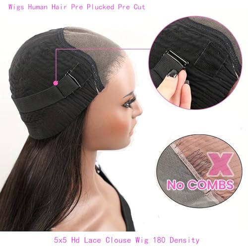 AGADES Glueless Wigs Human Hair Pre Plucked Pre Cut 5X5 Lace Closure Wigs Wear and Go Wig Human Hair Density 180 Straight Lace Front Wigs Human Hair Brazilian Virgin Human Hair Wig For Women 18 Inch