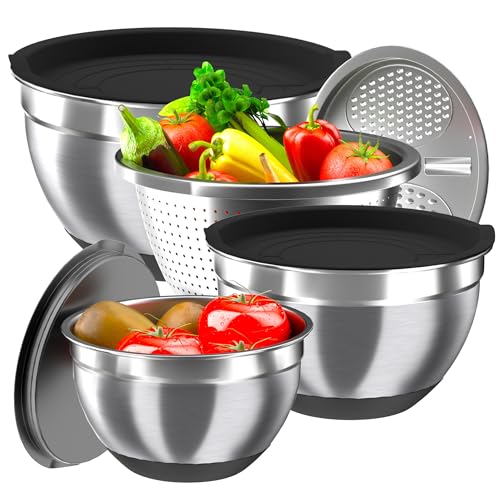 Mixing Bowls with Airtight Lids, Stainless Steel Mixing Bowl Set with 3 Metal Nesting Bowls, Colander & Grater, Non-Slip Bottoms, Size 1.5, 2.5, 6 QT, Great for Mixing & Serving, Black