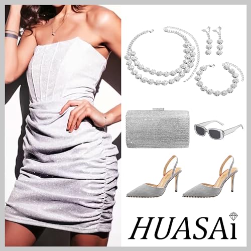 HUASAI Wedding Jewelry Sets for Brides Silver Prom Jewelry Rhinestone Necklace Earrings Bracelet Set for Party Wedding Graduation Bridesmaid Prom Dresses 2024 Accessories