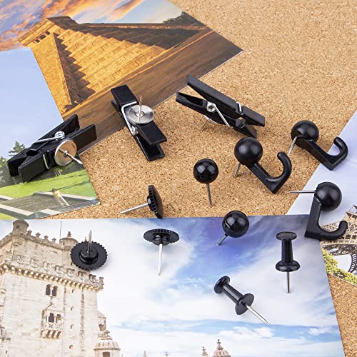 Black Push Pins Set, 5 Styles 140-count Thumb Tacks Map Pins, Steel Point and Dark Plastic Head Pushpins Black Thumbtacks for Cork Board Bulletin Boards (Black-140pcs)