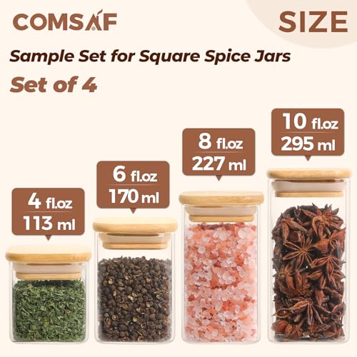 ComSaf Spice Jar with Bamboo Lid Sample Set, Glass Spice Jars Sample Sack, include 4oz, 6oz, 8oz, 10oz Square Seasoning Jars, Perfect for figuring out the ideal size.