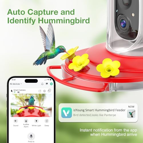 Hummingbird Feeder with Camera for Outdoors, Auto Capture & Identify Bird Species, Wide Mouth for Easy Filling with Built-in Ant Moat and Bee Guards, Ideal Bird Watching Gift (Blue)