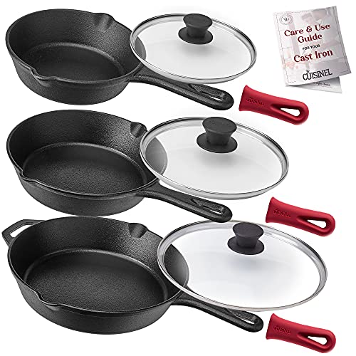 Cuisinel Cast Iron Skillet Set - 6"+8"+10"-Inch + Glass Lids + Silicone Handle Holder Covers - Pre-Seasoned Frying Pan - Oven Safe Cookware - Indoor/Outdoor, Grill, BBQ, Fire, Stovetop, Induction Safe