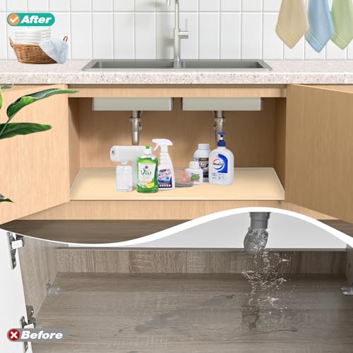 FORWOS Under Sink Mat, 28" x 22" Silicone Mats for Kitchen Waterproof, Under Sink Cabinet Organizers and Storage, Sink and Cabinet Protector, Under Sink Tray for Bathroom (Beige)