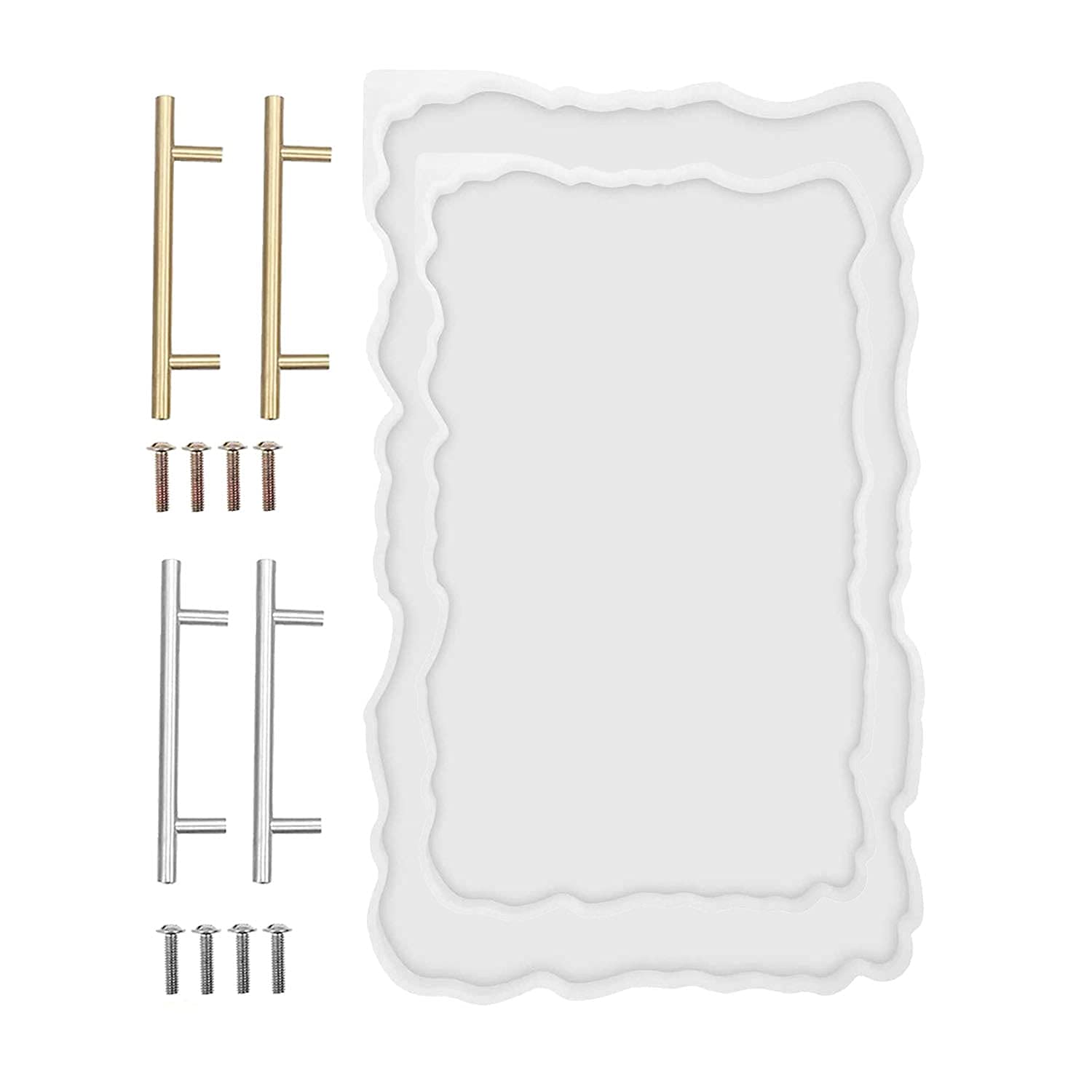RESINWORLD 2 Size 14 inches XL Large Tray Silicone Molds Epoxy Resin Geode Tray Mold with Gold & Silver Handles DIY for Making Tray (Rectangle)