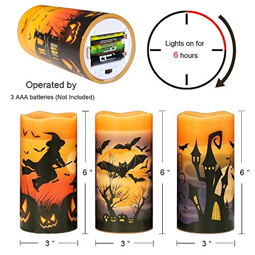 Eldnacele Halloween Flameless Candles, LED Flickering Battery Pillar Candles with 6H Timer and Pumpkin Decals, Spooky Fall Halloween Festival Party Decoration Set of 3 (D 3” x H 4” 5” 6”)