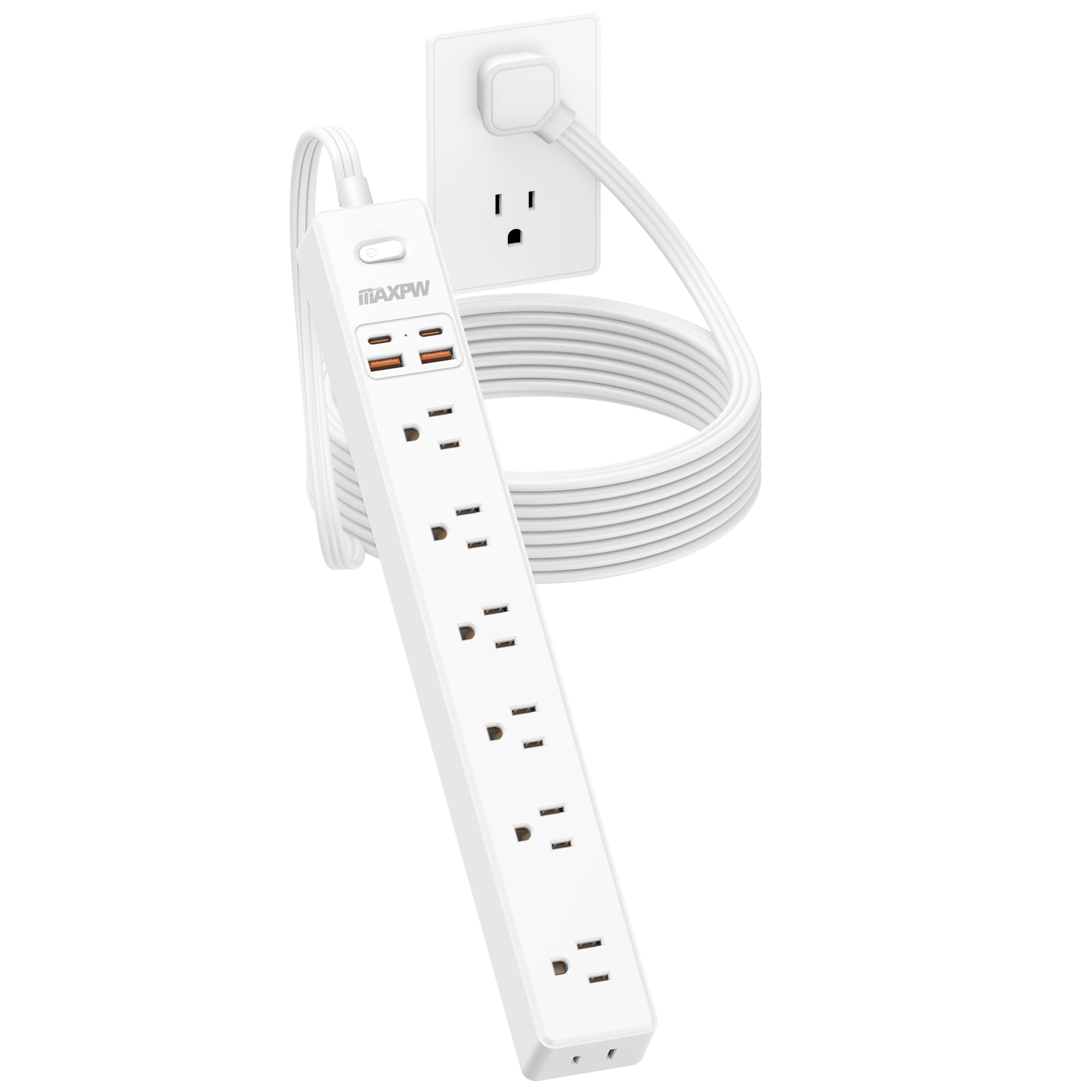 15 Ft Power Strip Surge Protector - 7 Outlets 4 USB Ports (2 USB C), Maxpw Ultra Thin Flat Extension Cord & Flat Plug, 1700 Joules, Wall Mount, Desk Charging Station for Home Office Dorm, White