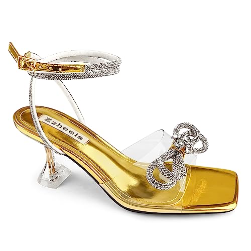Zzheels Women's Double Bowknots Clear Pearl Heels Square Toe Lace up Sandals for Party Wedding Pearl US6.5