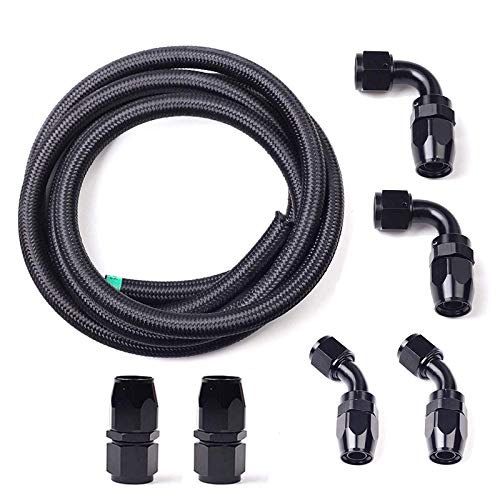 BLACKHORSE-RACING 10Ft 6 an AN6 Nylon and Stainless Steel Braidied Oil Gas Fuel Hose Fuel Line + 6pcs 6an Hose Fitting Kit Black