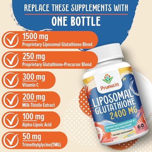 2400MG Liposomal Glutathione, Reduced L-Glutathione, Glutathione Supplement with Vitamin C, Master Antioxidants, Enhanced Absorption - Non GMO Antioxidant Supplements, Immune System, 60 Softgels