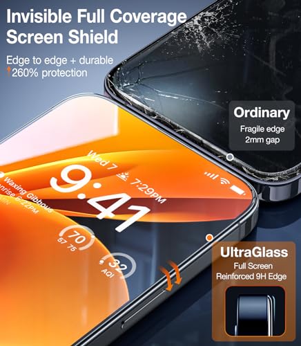 UltraGlass Unbreak Top 9H+ Glass for iPhone 16 Screen Protector 6.1" [12FT Military Grade Shatterproof] Screen Protector 16 Tempered Glass [Longest Durable] Full Coverage, One Step Install, 2 Pack