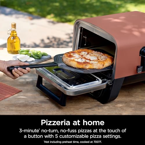 Ninja Woodfire Outdoor Pizza Oven, 8-in-1 Portable Electric Roaster Oven, Heats up to 700°F, 5 Artisan Pizza Settings, Integrated BBQ Smoker Box, Includes Flavored Wood Pellets, Terracotta Red