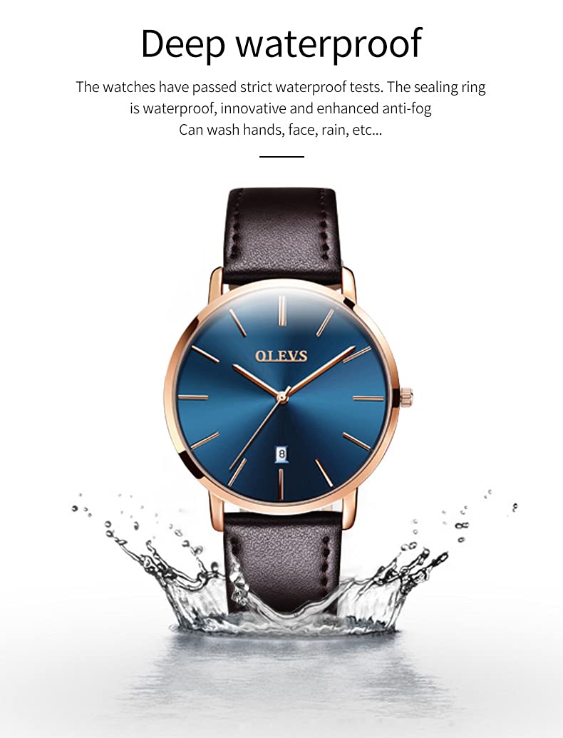 OLEVS Mens Watches Date Ultra Thin Minimalist Fashion Casual Analog Quartz Watch Slim Simple Big Face Waterproof Dress Wrist Watches with Leather Band for Men