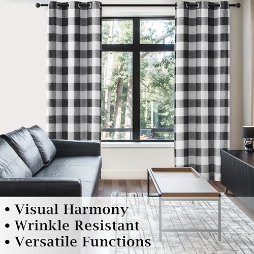 Short Black White Buffalo Plaid Full Blackout Window Curtains with Liner Farmhouse Checkered Geo Pattern Panels Linen Textured Drapes Grommet Window Treatment for Bedroom,Living Room,40"x63"x2