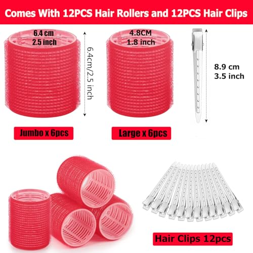 24Pcs Jumbo Hair Curlers Rollers, Self Grip Hair Roller Set with 12 Salon DIY Heatless Hair Curlers Holding Rollers and 12 Stainless Steel Duckbill Clips for Long Medium Hair Bangs Volume