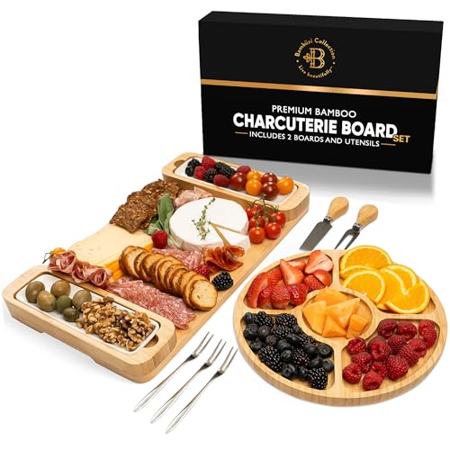 Bambüsi Charcuterie Board Gift Set - Cheese Board & Serving Tray - Large Bamboo Charcuterie Boards - Unique Housewarming Gifts New Home, Wedding Gifts for Women