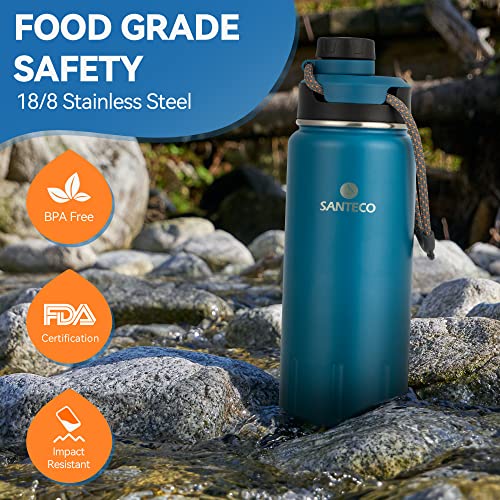 Insulated Water Bottles 24 oz, Santeco Stainless Steel Bottle with Lanyard & Wide Mouth Spout Lid, Leak Proof, Double Wall Vacuum Water Bottle, Keep Drinks Hot & Cold for Hiking Camping