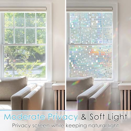 rabbitgoo Window Privacy Film Stained Glass Window Film Mosaic Static Cling Decorative Window Vinyl, Removable Rainbow Window Tint, Non-Adhesive UV Blocking for Home Office, 17.5 x 78.7 inches