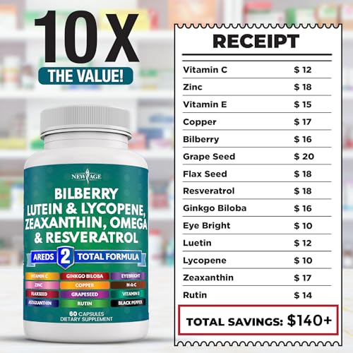 NEW AGE Eye Health Vitamins with Bilberry 6000mg Lutein & Zeaxanthin 40mg Lycopene 40mg Resveratrol 3000mg Grape Seed Extract 6000mg Astaxanthin - Eye Vitamin - 60 Count